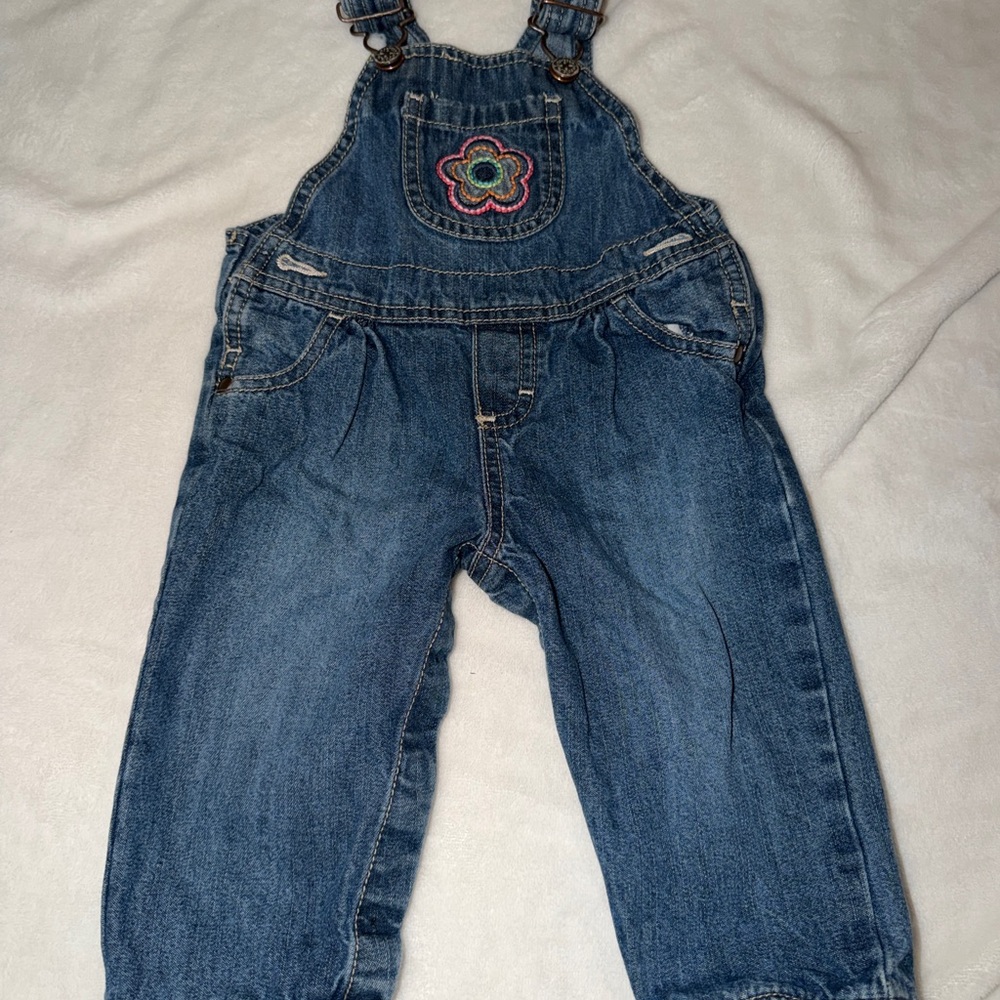 OshKosh B'gosh Blue Denim Overalls with Embroidered Flower
